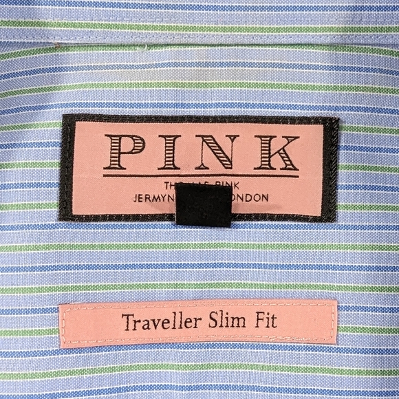 Thomas Pink Shirt Men's 15.5 Blue Green Stripes Button Down Traveller Slim Fit - Picture 4 of 6